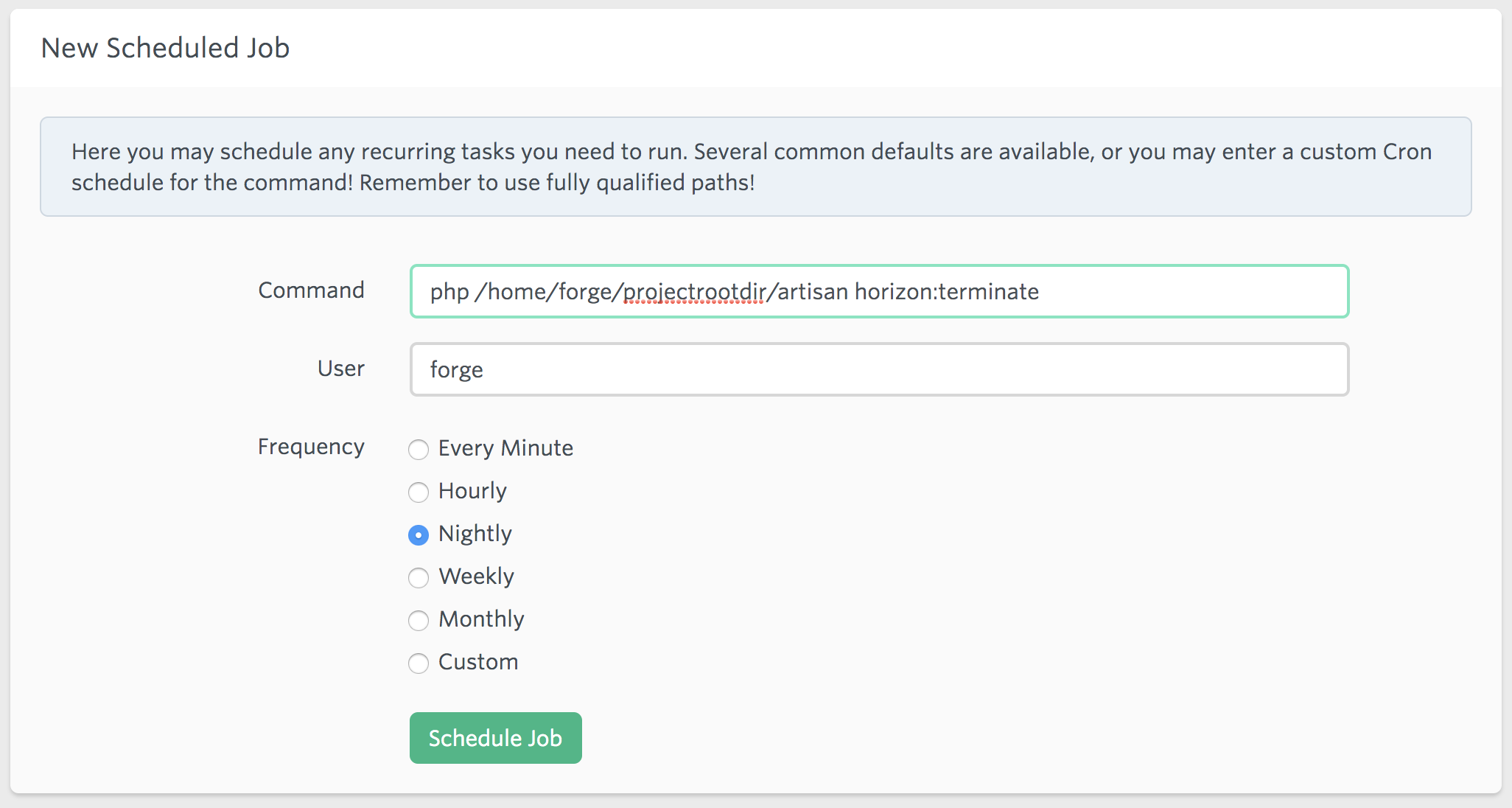 Laravel Forge configuration for Horizon daemon